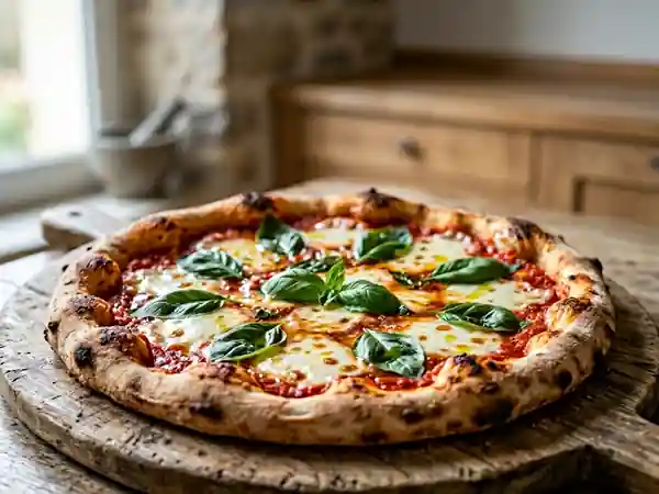 Pizza Margherita croustillante au basilic - Photo de présentation