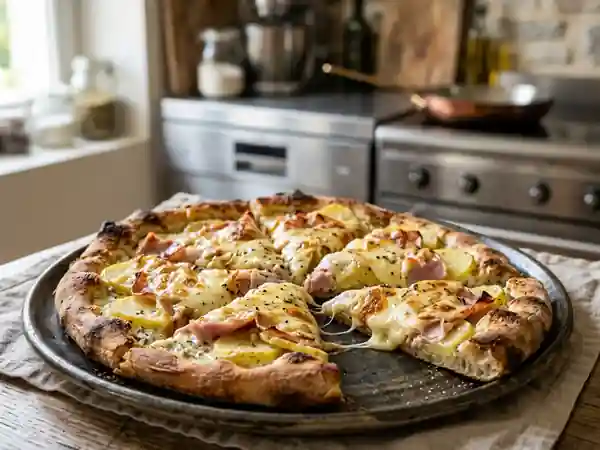 Pizza raclette crémeuse et gratinée - Photo de présentation