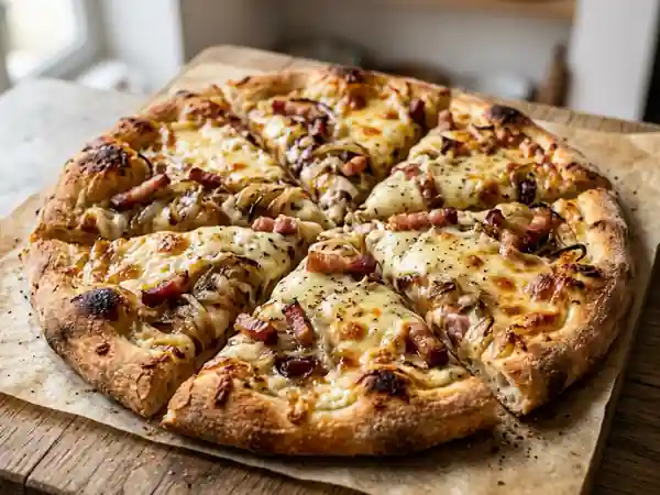 Pizza savoyarde crémeuse au fromage à raclette - Photo de présentation