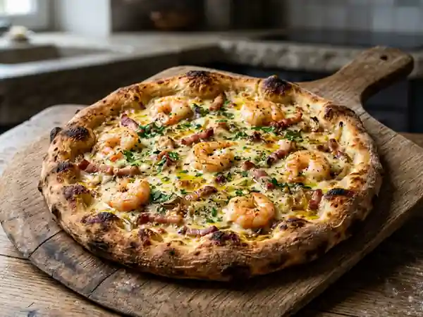 Pizza terre-mer crèmeuse et croustillante - Photo de présentation