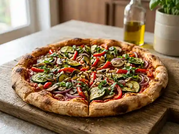 Pizza végétalienne légère aux légumes de saison frais - Photo de présentation