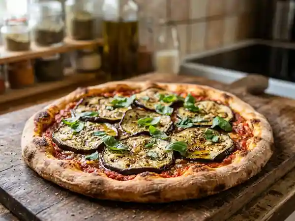 Pizza croustillante aux aubergines fondantes - Photo de présentation