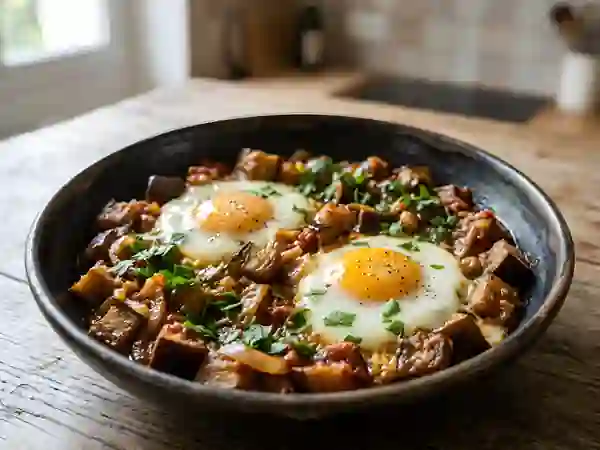 Poêlée d'aubergines aux œufs - Photo de présentation