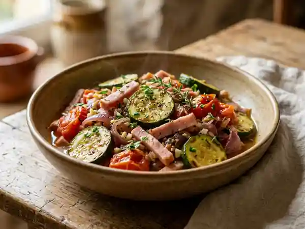 Poêlée fondante courgettes, tomates et jambon - Photo de présentation