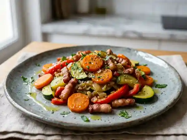 Poêlée fondante de légumes et lardons fumés - Photo de présentation
