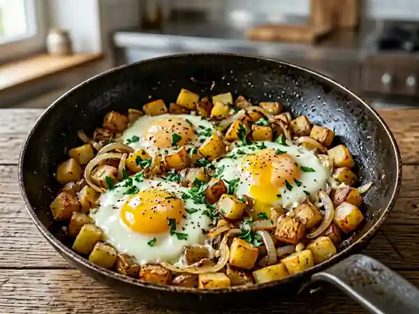Pommes de terre rissolées et œufs coulants - Photo de présentation