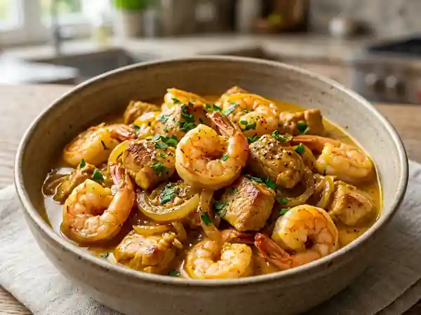Poêlée terre-mer crémeuse curry et cognac - Photo de présentation