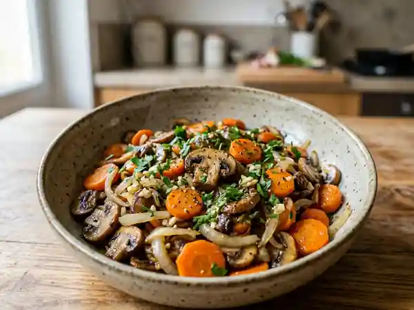 Poêlée savoureuse de champignons, carottes et oignons pour un repas complet - Photo de présentation