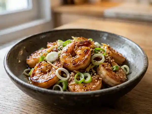 Poêlée savoureuse de crevettes au gingembre et sauce soja - Photo de présentation