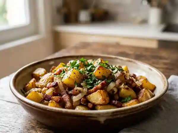 Poêlée savoureuse de pommes de terre au lard croustillant - Photo de présentation