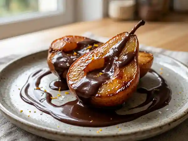 Poire caramélisée au coulis de chocolat fondant : dessert gourmand et rapide - Photo de présentation