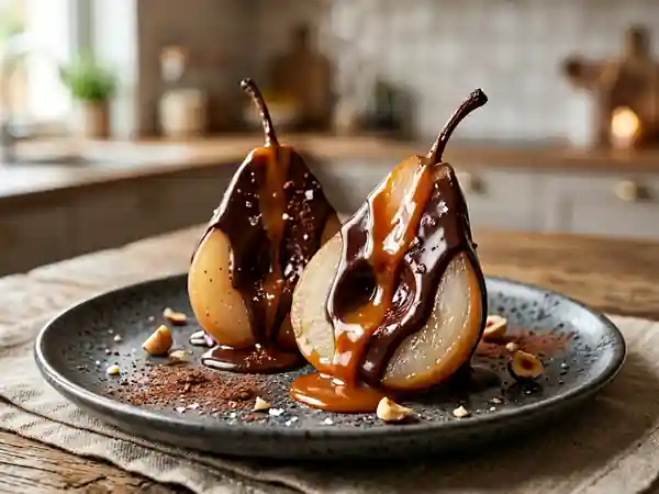 Poire Confite au Chocolat Noir et Caramel Fondant : Dessert Gourmand et Raffiné - Photo de présentation