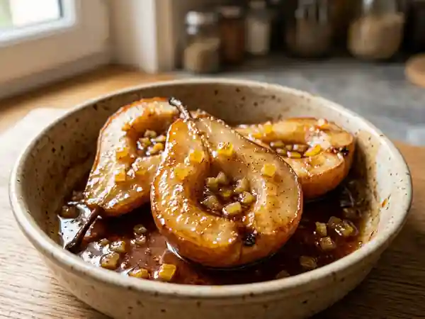 Poire rôtie au citron confit et miel épicé - Photo de présentation