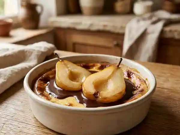 Poires fondantes au flan et chocolat noir - Photo de présentation
