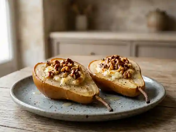 Poires fondues au chèvre frais et éclats de noix - Photo de présentation