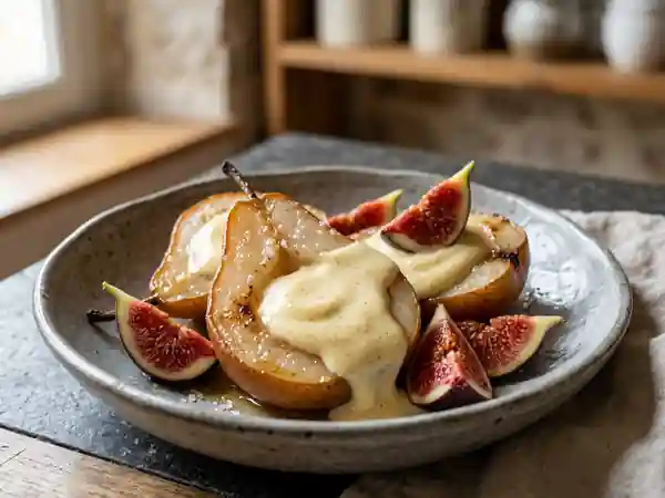 Poires fondantes et crème vanillée aux figues - Photo de présentation