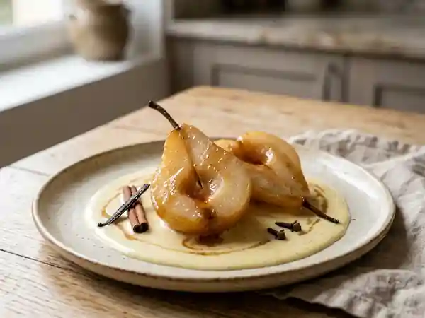 Poires fondantes aux épices douces et crème anglaise onctueuse - Photo de présentation