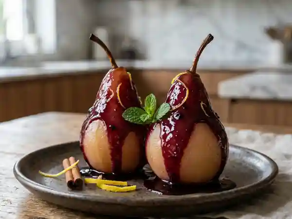 Poires pochées à la gelée de cassis : dessert raffiné et fruité - Photo de présentation