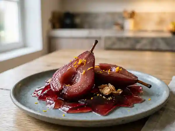 Poires pochées à la gelée de vin rouge épicé : dessert raffiné et gourmand - Photo de présentation