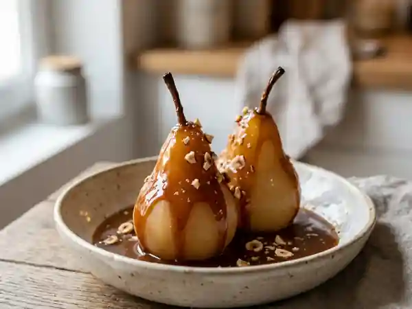 Poires pochées au caramel fondant : dessert gourmand et facile - Photo de présentation