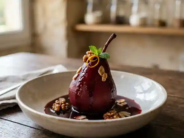 Poires pochées au porto : dessert raffiné et gourmand - Photo de présentation