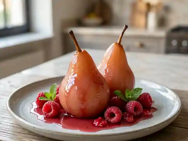 Poires fondantes au rosé et framboises fraîches - Photo de présentation