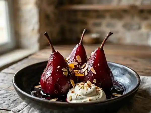 Poires pochées au vin rouge et crème de cassis : dessert raffiné et gourmand - Photo de présentation