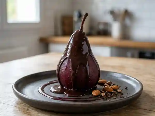 Poires pochées au vin rouge et sauce chocolat fondante - Photo de présentation