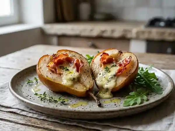 Poires rôties au gorgonzola et jambon cru - Photo de présentation