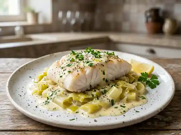 Poisson blanc fondant, crème de poireaux citronnée - Photo de présentation