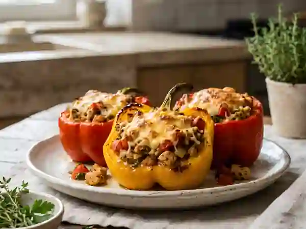 Poivrons farcis au poulet et fromage fondu - Photo de présentation