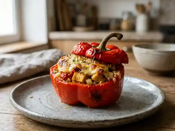 Poivrons farcis au poulet et fromage gratiné - Photo de présentation
