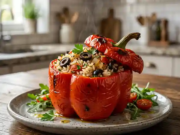 Poivrons fondants farcis au riz et olives - Photo de présentation