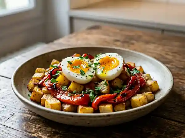 Poivrons rôtis, pommes de terre dorées et œufs - Photo de présentation