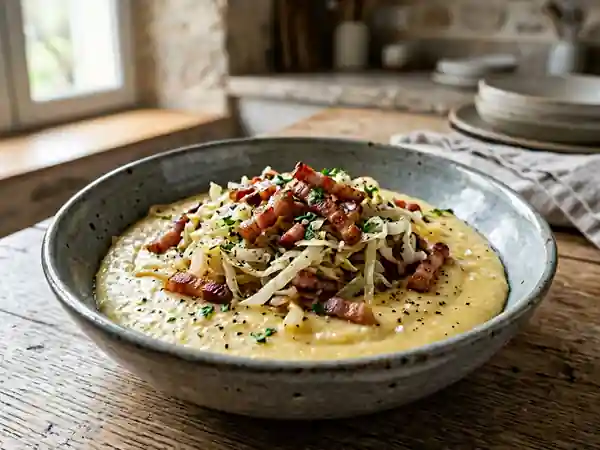 Polenta crémeuse au chou et lardons fumés - Photo de présentation
