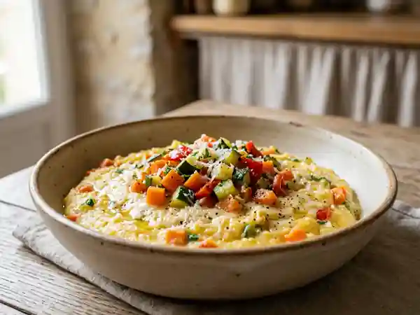 Polenta crémeuse et petits légumes croquants - Photo de présentation