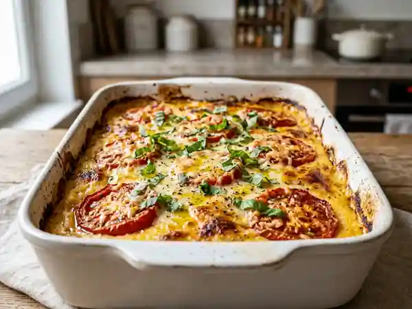 Polenta crémeuse gratinée aux tomates et basilic - Photo de présentation