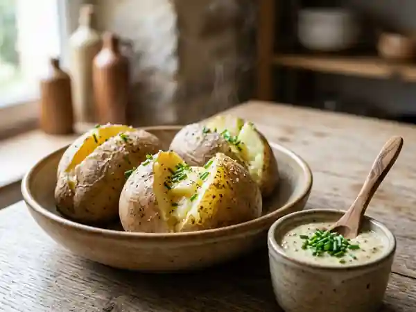 Pommes de terre en robe des champs avec sauce crémeuse à la moutarde - Photo de présentation