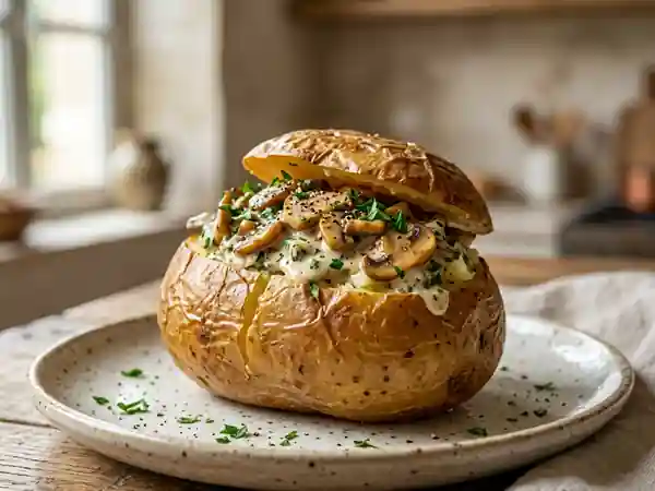 Pommes de terre farcies à la crème de champignons savoureuse - Photo de présentation
