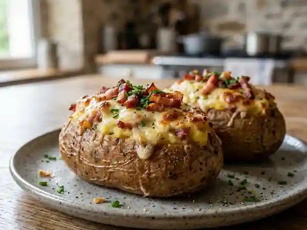 Pommes de terre farcies aux lardons croustillants et fromage fondant - Photo de présentation