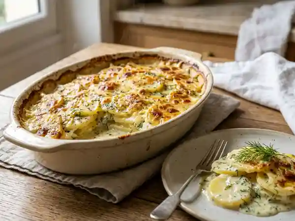 Pommes de terre fondantes à la sauce béchamel onctueuse et à l'aneth frais - Photo de présentation