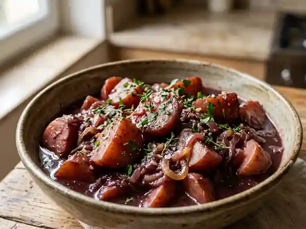 Pommes de terre mijotées au vin rouge : recette savoureuse et facile - Photo de présentation