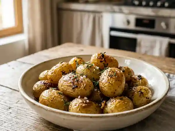 Pommes de terre nouvelles rôties au sel et aux herbes fraîches - Photo de présentation
