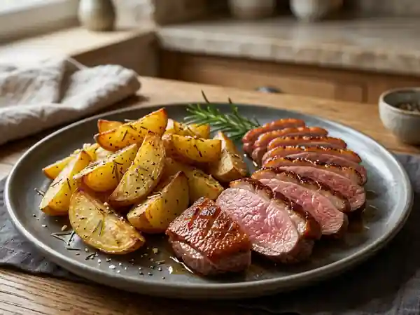 Magret fondant, pommes de terre rôties au romarin - Photo de présentation