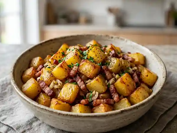 Pommes de terre sautées à l'ail et au lard croustillant - Photo de présentation