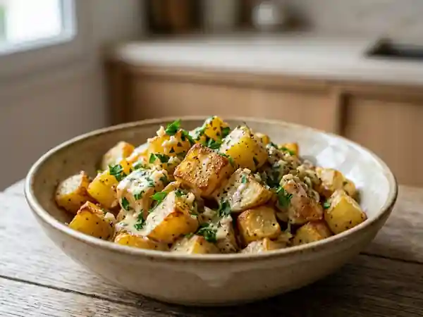 Pommes de terre sautées à l'ail, persil et crème onctueuse - Photo de présentation