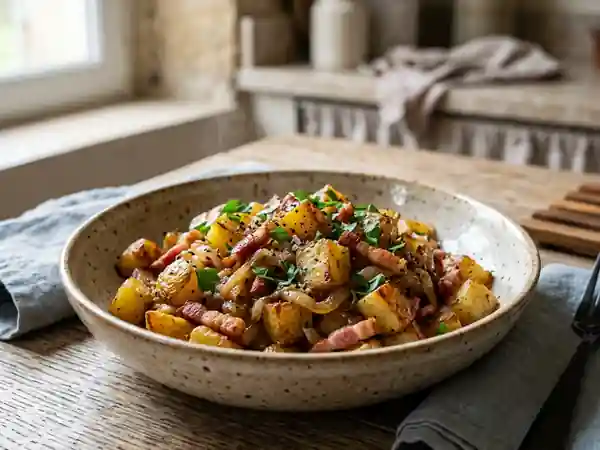 Pommes de terre sautées aux oignons caramélisés et lard croustillant - Photo de présentation