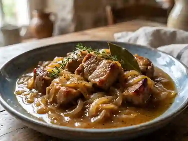 Porc braisé aux oignons caramélisés - Photo de présentation
