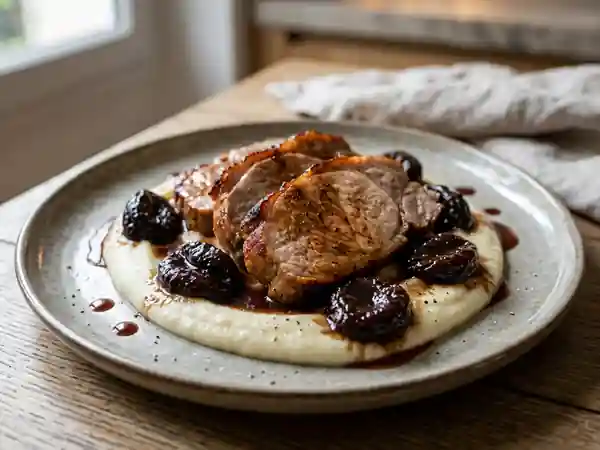 Porc confit aux pruneaux et crème d'oignons - Photo de présentation
