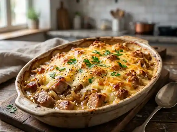 Porc gratiné aux oignons et à la crème : recette savoureuse et facile - Photo de présentation